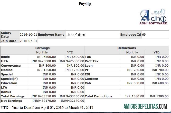 Realista Modelo de recibo de pagamento da INDIA ADHI Software Company em formatos Word e PDF